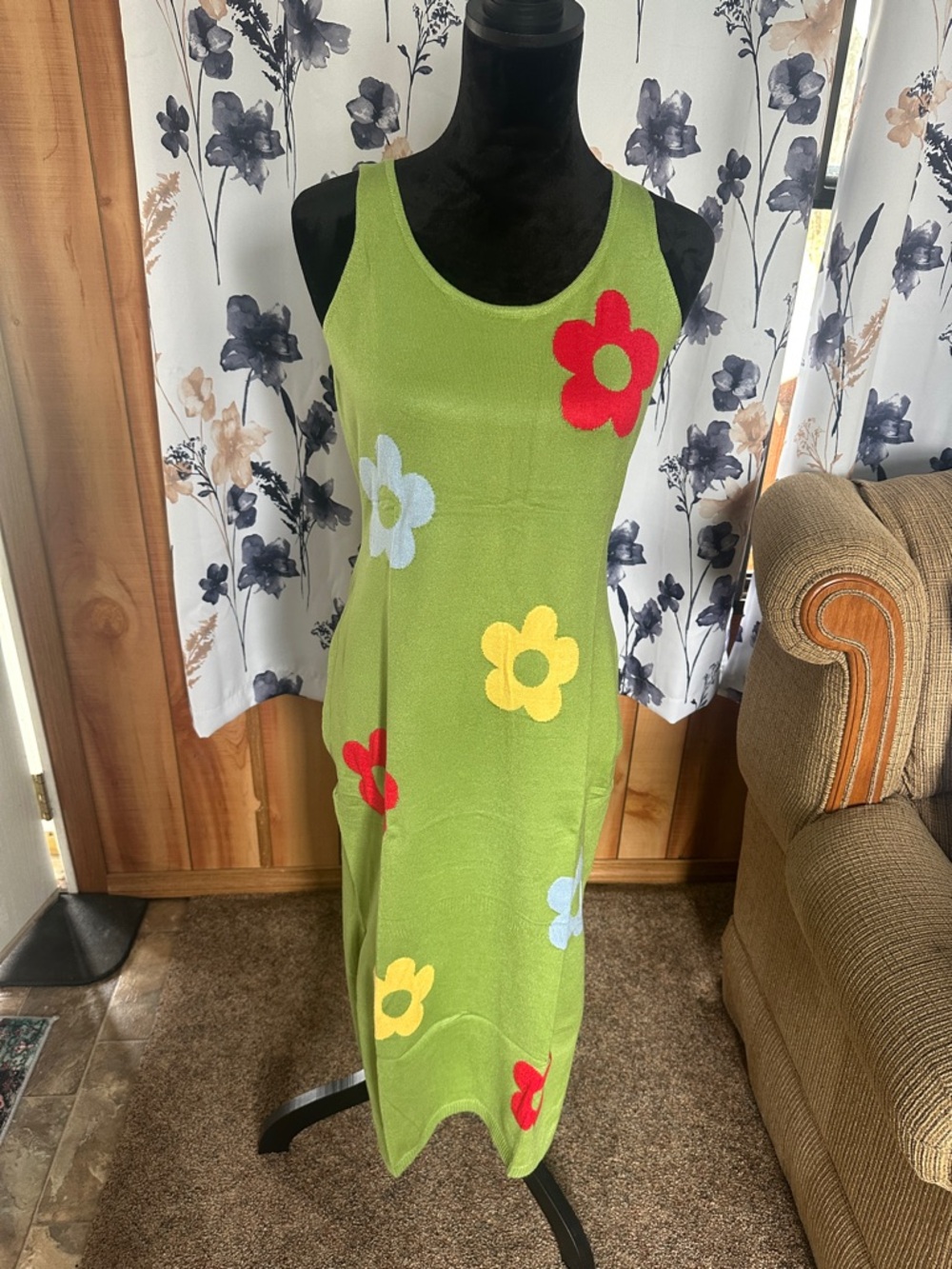 Green Floral Knit Tank Dress with Multi-Color Flowers